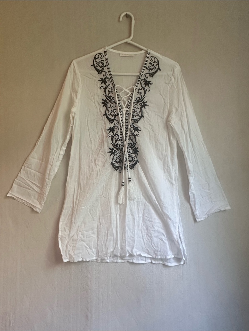 La Blanca White Embroidered Lace-Up Women's Tunic Swim Cover Up Top Sz M